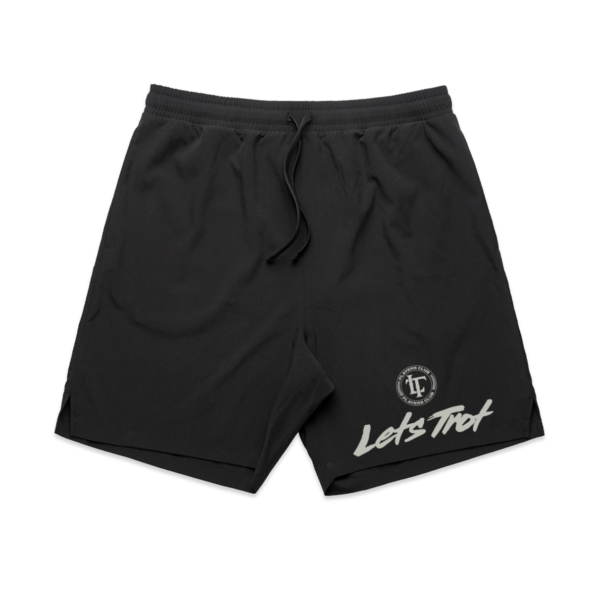 Black shorts with text on a white background
