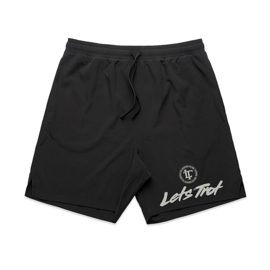 Black shorts with text on a white background